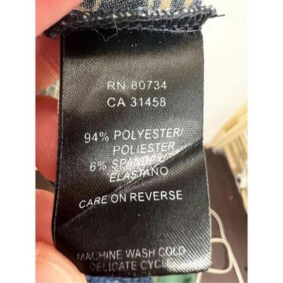 BCBG x Maxaria Dress Stretch Flowy Sleeve Pleated Shift Dress Blue Gold Medium - Picture 6 of 6